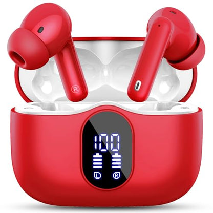 Wireless Earbuds, Bluetooth 5.4 Headphones Bass Stereo/Clear Calls, Red - color: Red