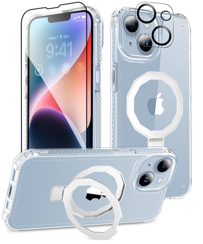 Magnetic for iPhone 14 Case Built-in Seamless Stand, Clear | with Screen Protector + Camera Lens Protector, [Compatible with MagSafe] Protective Shockproof Slim Phone Case - color: Clear, size: iPhone 14 6.1"