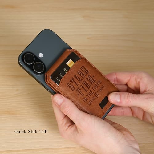 Christian Art Gifts Magnetic Phone Wallet, Stand Firm Bible Verse, Honey Brown Faux Leather, MagSafe Wallet Stand, Snap Closure, 3.9" x 2.5" - color: Brown Snap Closure/Stand Firm