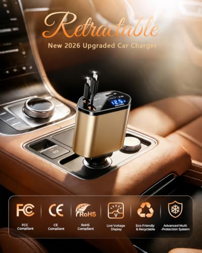 4 in 1 Retractable Car Charger, USB C Fast Charging Adapter, Gold - color: Gold