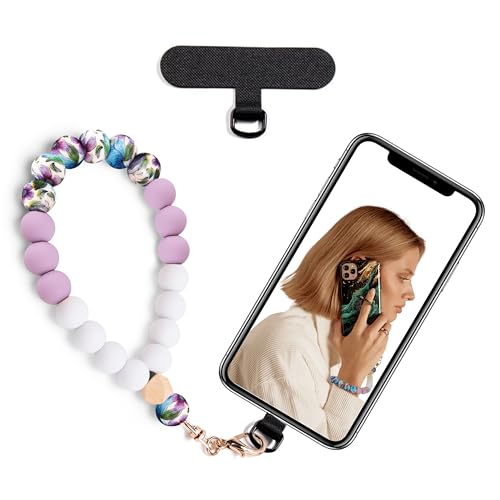 Silicone Beaded Phone Wrist Strap for Women, Elastic Wristlet - color: Light Purple