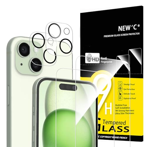 NEW'C 4 Pack, 2 Pack for iPhone 15 Screen Protector (6.1 inch) + 2 Pack Camera Lens Protector, Sensor Protection,Case Friendly Tempered Glass Film - size: 15 6.1 inches