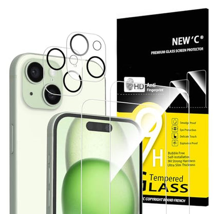 NEW'C 4 Pack, 2 Pack for iPhone 15 Screen Protector (6.1 inch) + 2 Pack Camera Lens Protector, Sensor Protection,Case Friendly Tempered Glass Film - size: 15 6.1 inches