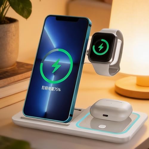 3-in-1 Foldable Wireless Charger with Night Light - 15W Fast Wireless Charger for Simultaneous Charging of Phone, Watch & Earbuds, Compatible with All Qi-Certified Devices,X455 White. - color: Multifunctional Wireless Charger X455 White