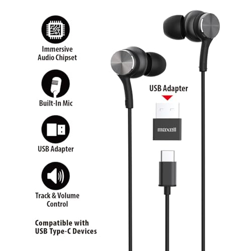 Maxell USB-C Wired Earbuds with USB-A Adapter, Built-in Microphone with Volume and Track Control, Compatible with All Devices with a USB-C and/or USB-A Port, Immersive Digital Chipset, Black, 197299 - color: Black