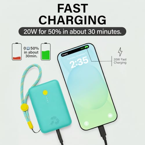 Nimble Champ Portable Charger, 10000mAh Power Bank, 20W Dual USB-C Charging - color: Teal