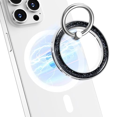 Magnetic Phone Ring Holder for MagSafe,360 Degree Rotation Magnet Cell Phone Grip Glitter Design Stand Finger Ring Kickstand for Smartphone - Black
