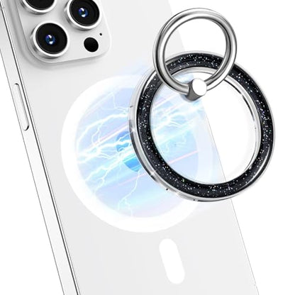 Magnetic Phone Ring Holder for MagSafe,360 Degree Rotation Magnet Cell Phone Grip Glitter Design Stand Finger Ring Kickstand for Smartphone - Black