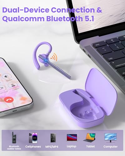 New Bee Bluetooth Headset V5.1 72H Talk Dual Mic with Mute Button for Work, Wireless Hand-Free Bluetooth Earpiece with 500mAh Charging Case for Cell Phone Calls Driver (M54, Purple) - color: Purple