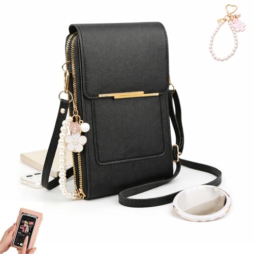 Touch Screen Phone Crossbody Bag, Waterproof PU Leather with Adjustable Shoulder Straps, for Women Outdoor, Travel - color: Black