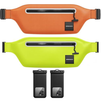 DRENCH kayaking and paddleboarding gear – Orange + Yellow Waterproof Fanny Pack Bundle, 2 Submersible Phone Pouches + Floating Cases
