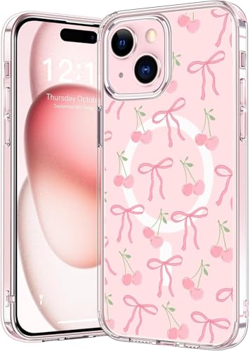 Magenetic Bow Case Compatible with Magsafe for iPhone 13 mini, Clear Phone Cover with Cute Cherry Pattern Soft TPU Hard Back Shockproof Protective Case for iPhone 13 mini - size: for iPhone 13 mini