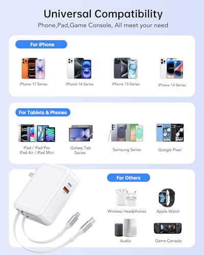 4-in-1 Retractable USB C Wall Charger, Fast Charging USB C &Lightning Cable - color: B-White