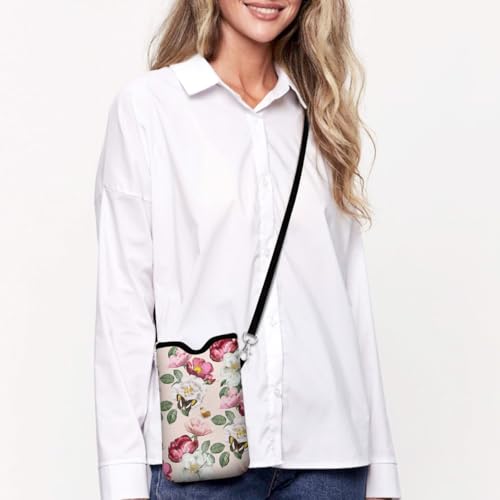 Universal Phone Sleeve Pouch with Crossbody Strap 7.6 X 4.3 Inches Shockproof Water Resistant Mobile Protection Bag-Pink Floral Neoprene Phone Pouch Bag - color: Pink Floral-Phone Pouch