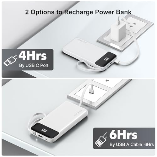 Portable Charger Built-in Cables,10000mAh Fast Charge Power Bank for iPhone - color: White
