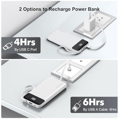 Portable Charger Built-in Cables,10000mAh Fast Charge Power Bank for iPhone - color: White
