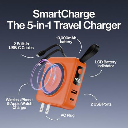 Statik SmartCharge (Gen 2) Power Bank, 5-in-1 Travel Charger, Wall Plug & Built-in USB C Cables, Watch Charger for Apple Watch, 10000mAh, European Adapter, Compatible with iPhone, iPad, Samsung - color: Gen 2 Orange