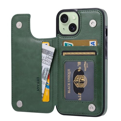 Wallet Case Compatible with iPhone 15,Slim Protective case with Card Holder,Premium PU Leather Kickstand Card Slots Case with 1 Screen Protective Glass-Grass Green - color: Grass Green