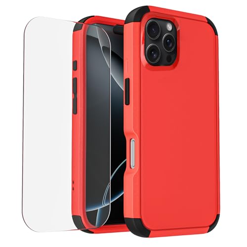 Compatible with iPhone 16 Pro Max Phone Case with Tempered Glass Screen Protector - 3 in 1 Shockproof Shock-Resistant Drop Protection Non-Slip Protective Case for iPhone 16 Pro Max 6.9" (RedBlack) - color: RedBlack, size: i16ProMax