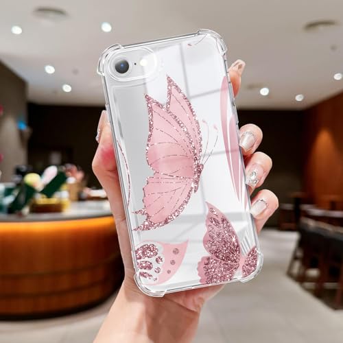 Clear Case Compatible with iPhone SE/8/7, Cute Butterfly Print Protective Cover for Girls Women, Slim Soft TPU Four Corners Shockproof Case for iPhone SE/8/7 - Dark Pink Butterfly - color: Dark Pink Butterfly, size: iPhone SE/8/7