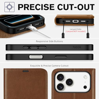 TUCCH Case Wallet for iPhone 17 Pro Max (6.9"), RFID Blocking Folio, Brown | 4 Card Holders, Kickstand, PU Leather, Magnetic Closure, Shockproof TPU Shell, Protective Flip Cover - color: Brown