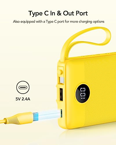 VRURC Portable Charger, Slim Power Bank Built-in 4 Cables, Travel Essential - color: Yellow