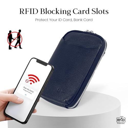 befen Genuine Leather Crossbody Cell Phone Purse for Women, Small Zip Around RFID Blocking Crossbody Wallet Bags - color: Navy Blue