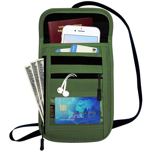 RFID Blocking Travel Neck Wallet Pouch and Passport Holder, Travel Neck Pouch Passport Holder for Women & Men - Army Green - color: 002Green