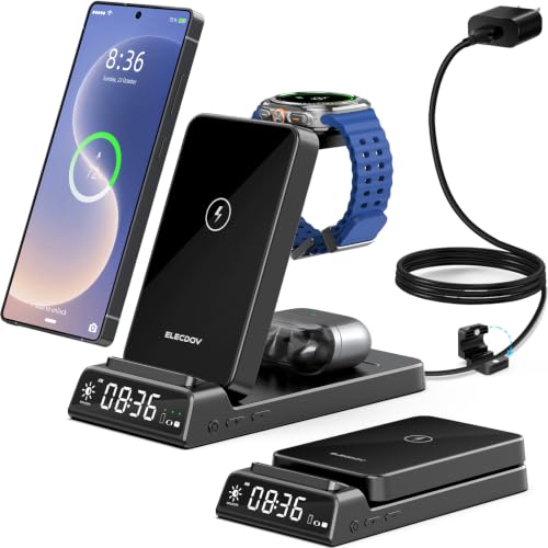 Wireless Charger for Samsung S25 with Clock 3 in1 Foldable Charging Station - color: Black