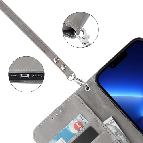 Bocasal Detachable Wallet Case Card Holder for iPhone 13 Pro Max Grey | RFID Blocking Kickstand Card Slots Holder PU Leather Magnetic Shockproof Wrist Strap Removable Flip Protective Cover 6.7 inch - color: Gray