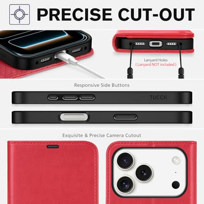 TUCCH Wallet Case for iPhone 17 Pro (6.3") 2025, 4 Card Slots, Red | RFID Blocking, Viewing Stand, Shockproof TPU Shell, PU Leather, Magnetic Closure, Protective Folio Flip Cover - color: Red