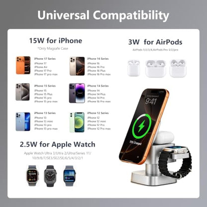 4 in 1 Charging Station for Apple Devices, 3 in 1 Wireless Charger Stand with Night Light for iPhone 17/16/15/14/13/12 Pro Max, Watch AirPods, 15W MagSafe Magnetic Charging for Bedroom Office - color: Titanium‑Gray