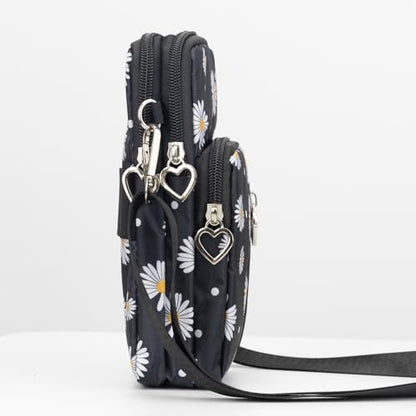 Small Crossbody Bag for Women, Multi Zip Pockets Nylon Wallet Purse Credit Card Holder with Detachable Hand Strap - color: Chrysanthemum