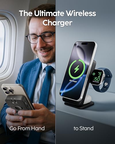 myCharge EcoHub 3-in-1 Magnetic Wireless Charger & Battery Pack for iPhone, iWatch, AirPods - 6,000mAh Battery | Built-in Wall Plug | 15W Magsafe Wireless Output | Foldable | Charging Station | Black