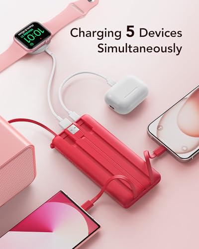 VRURC Portable Charger, Built in 4 Cables & Lanyard Power Bank 10000mAh - color: Magenta
