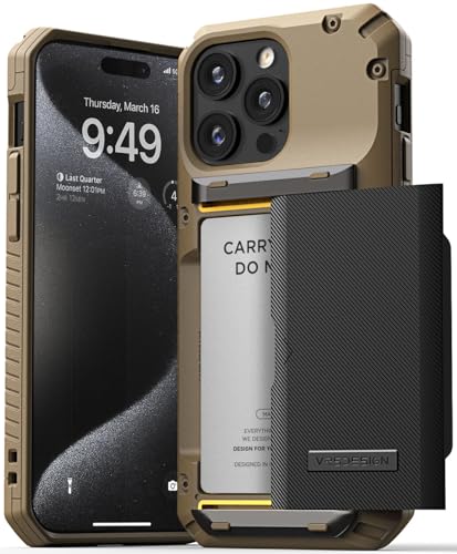 VRS DESIGN Compatible with iPhone 15 Pro Max Case with Card Holder [Damda Glide Pro], Sturdy Semi Auto 4-Card Slot, High Durability & Style Designed for iPhone 15 Pro Max (2023) Groove Khaki - color: Khaki, size: iPhone 15 Pro Max