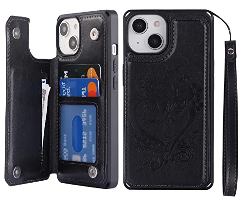 iCoverCase Compatible with iPhone 14 Wallet Phone Case with Card Holder for Women, RFID Blocking Embossed PU Leather Wrist Strap Case 6.1 Inch (Heart Black) - color: H-Black