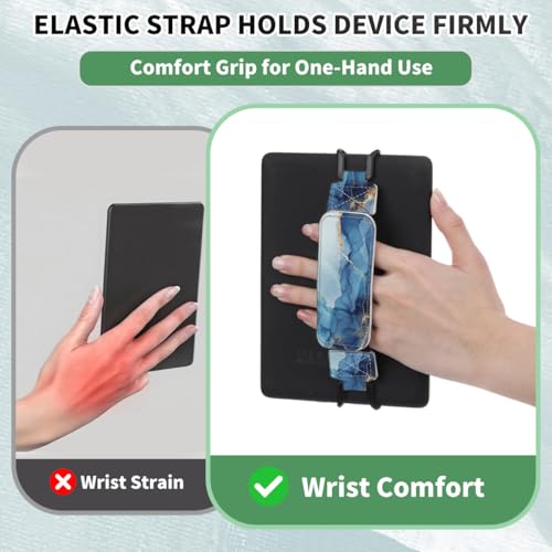 Secure Hand Strap for 6-7.5" Kindle and Tablets, Versatile Lightweight Faux Leather E-Book Grip Holder, Heavy-Duty E-Book Accessories for Reading Lover Gift (Blue Marble) - color: Blue Marble
