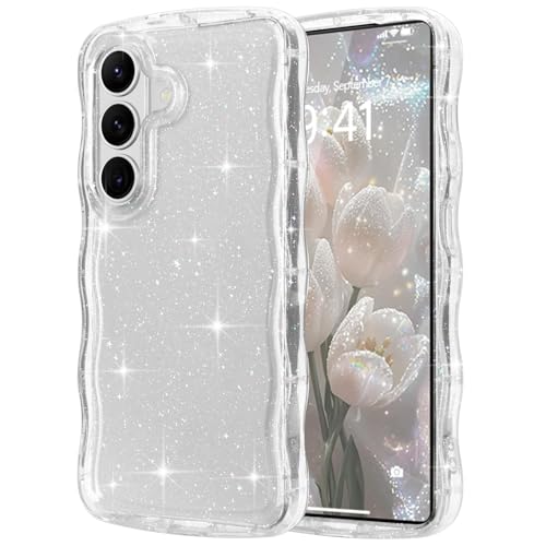 Pepmune for Samsung Galaxy S26 Plus Case Clear Glitter, Clear | Cute Sparkly Bling Shiny Curly Wave Frame Transparent Bumper Cover for Women Girls Men, Drop Protection Shockproof Phone Case - color: Clear, size: Samsung Galaxy S26 Plus