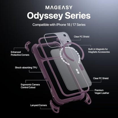 MAGEASY Odyssey MagSafe Crossbody iPhone Case with Strap for iPhone 18 Pro Max & 17 Pro Max, 20ft Drop Protection, TPU Leather Shoulder Phone Carrying Case with Adjustable Lanyard (Purple) - color: Purple, size: iPhone 18 Pro Max