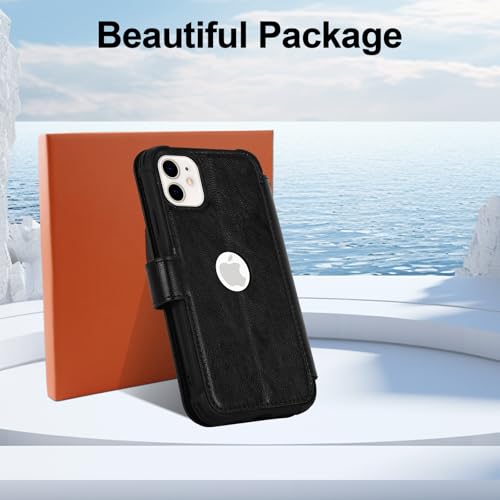 VANAVAGY Wallet Case for iPhone 11 6.1 inch, Black | 12ft Drop-proof Cover for Women Men, Silm PU Leather, RFID Blocking Card Holder, Wrist Strap, Screen Protector - color: Black