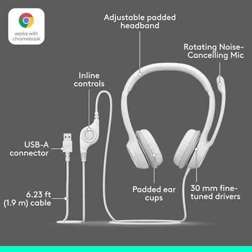 Logitech H390 Wired Headset PC/Laptop Stereo Headphones, USB-A, Off-White - color: Off White, style: USB-A