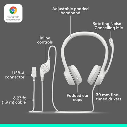 Logitech H390 Wired Headset PC/Laptop Stereo Headphones, USB-A, Off-White - color: Off White, style: USB-A