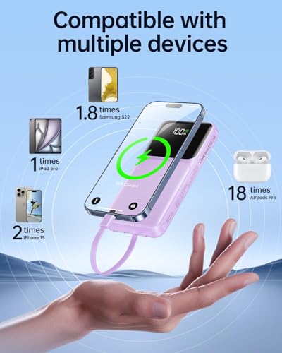 Portable Charger with Built in Cable 20000mAh Fast Charging - color: Purple