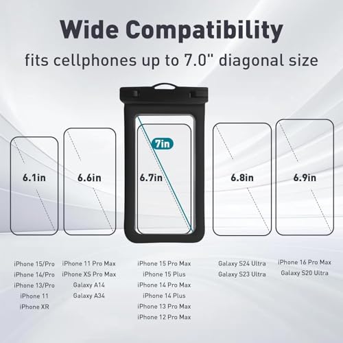 Floatable Waterproof Phone Pouch/Case with Crossbody Lanyard for iPhone 17 series 16 Pro Max/15 Pro/14/13/12, IP68 Cellphone Dry Bag Beach Cruise Ship Essentials, 1 Pack-Black-7″ - color: B4-Black