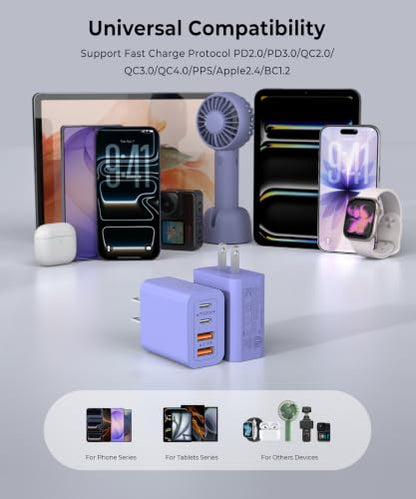 2 Pack 40W Fast USB C Charger Block, 4-Port PD Power Adapter Wall Charger - color: 40W 2Pack Orchid Purple