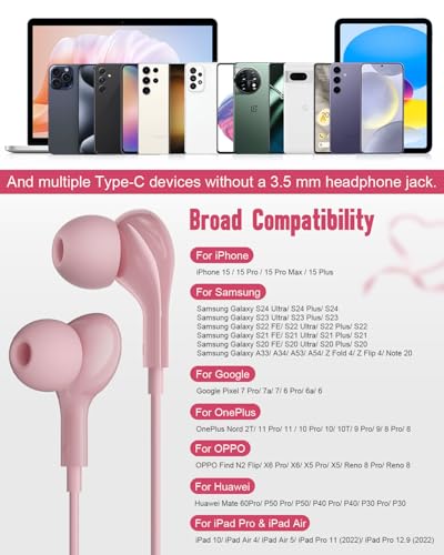 USB C Headphones Wired for iPhone17 16 Pro Max 15 Plus iPad Pro Air Pink - color: Pink