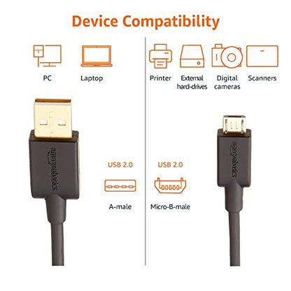 Amazon Basics 5-Pack USB-A to Micro USB Charging & Data Transfer Cable, 480Mbps Transfer Speed, Gold-Plated Plugs, USB 2.0, 10 Foot, Black - size: 10 Feet, style: 5-Pack