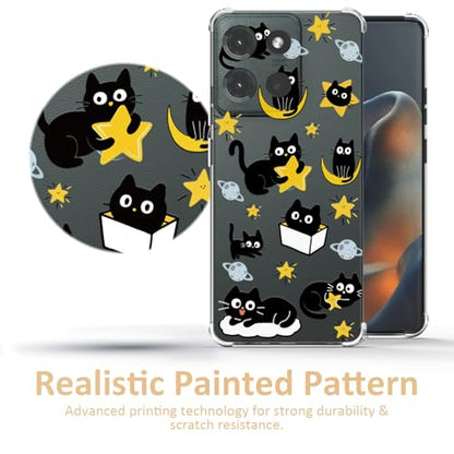 Black Cat & Star Pattern Clear TPU Case for Moto G 5G 2025 6.6 Inch - Flexible Transparent Shockproof Anti-Fingerprint Soft Bumper Painted Phone Cover - color: Black Cat & Star