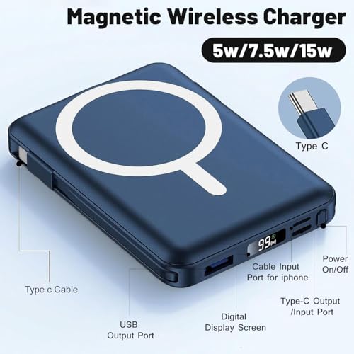Azmuth for MagSafe Portable Charger, 10000mAh Magnetic Power Bank | 20W PD Fast Charging Magnetic Travel Charger with Dual USB-C LED Display for iPhone 17/16/15/14/13/12 Series - color: Blue